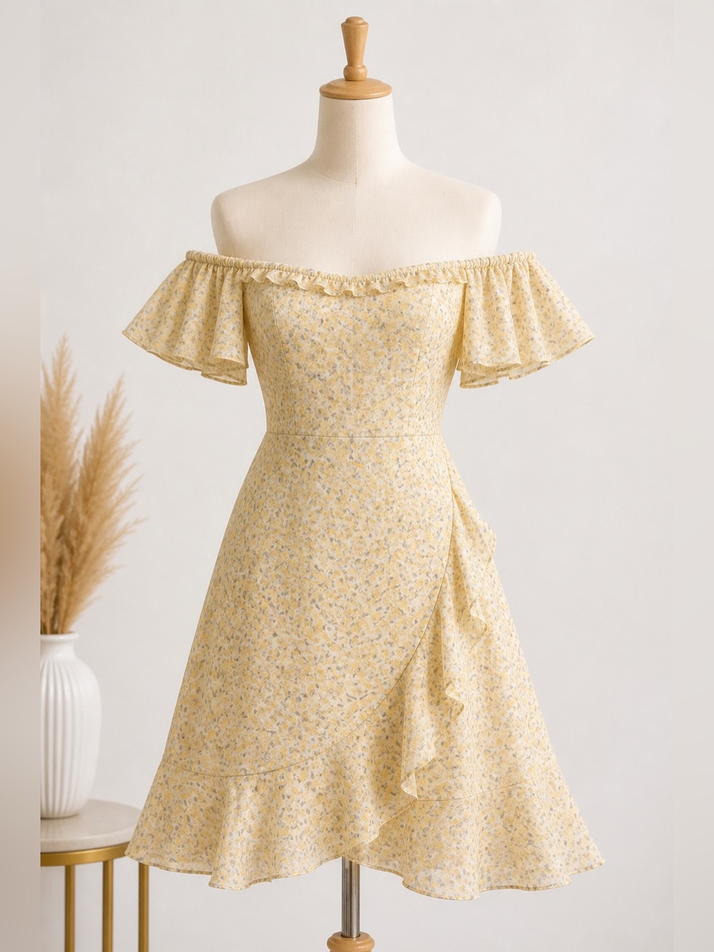 Hello Molly Floral Mini Dress S Yellow Ruffle Puff Sleeve Cottagecore